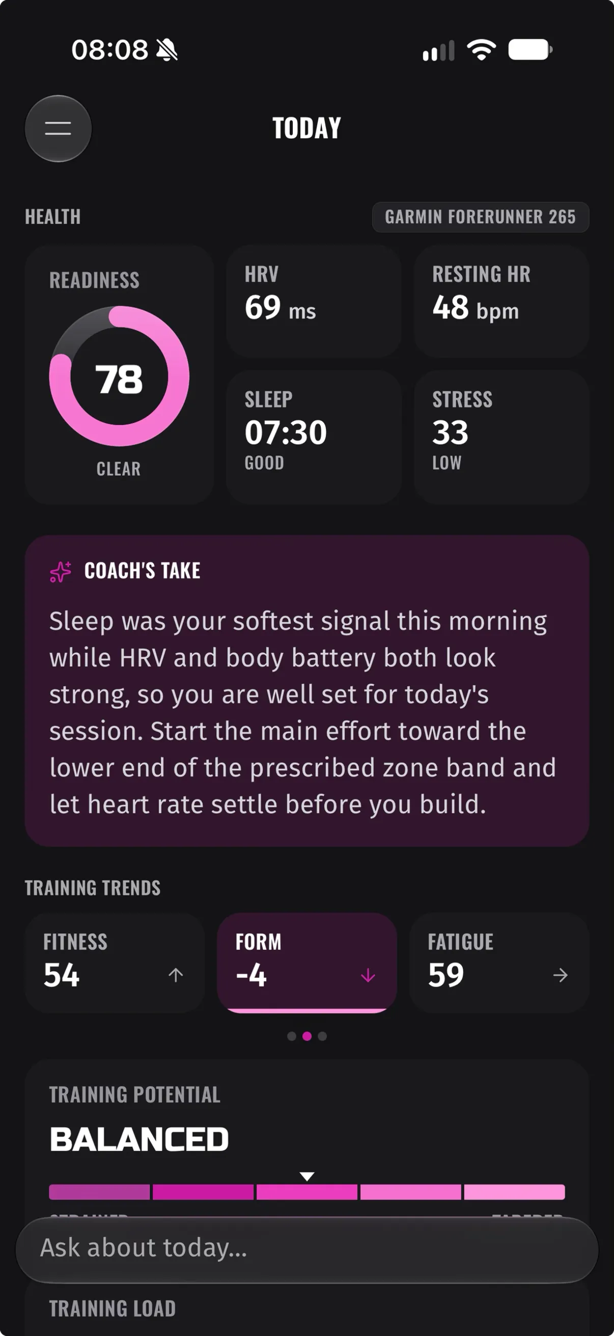 Today view with a readiness score of 78, HRV, resting heart rate, sleep, stress and Coach's take