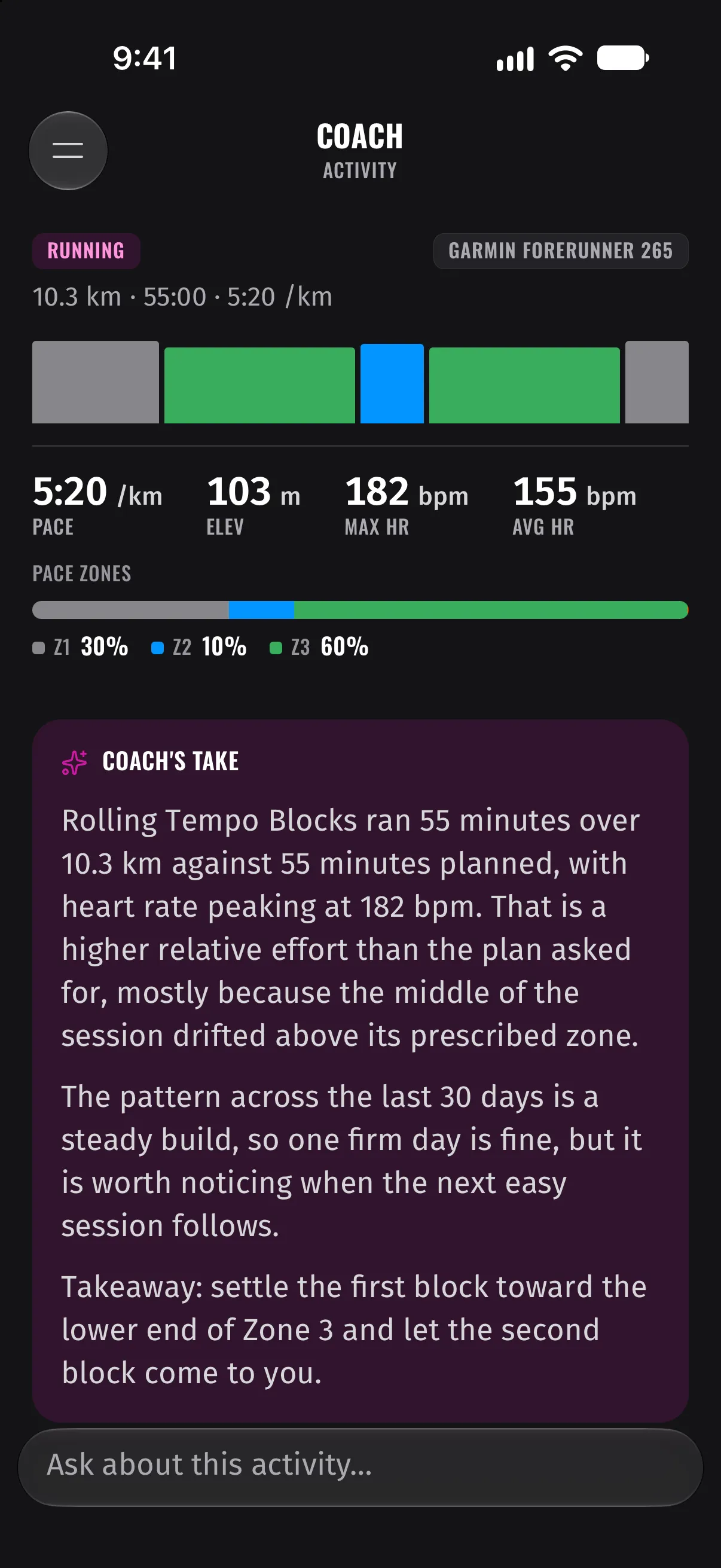 Tempo run with pace, elevation and heart rate, time in pace zones and Coach's take on the session
