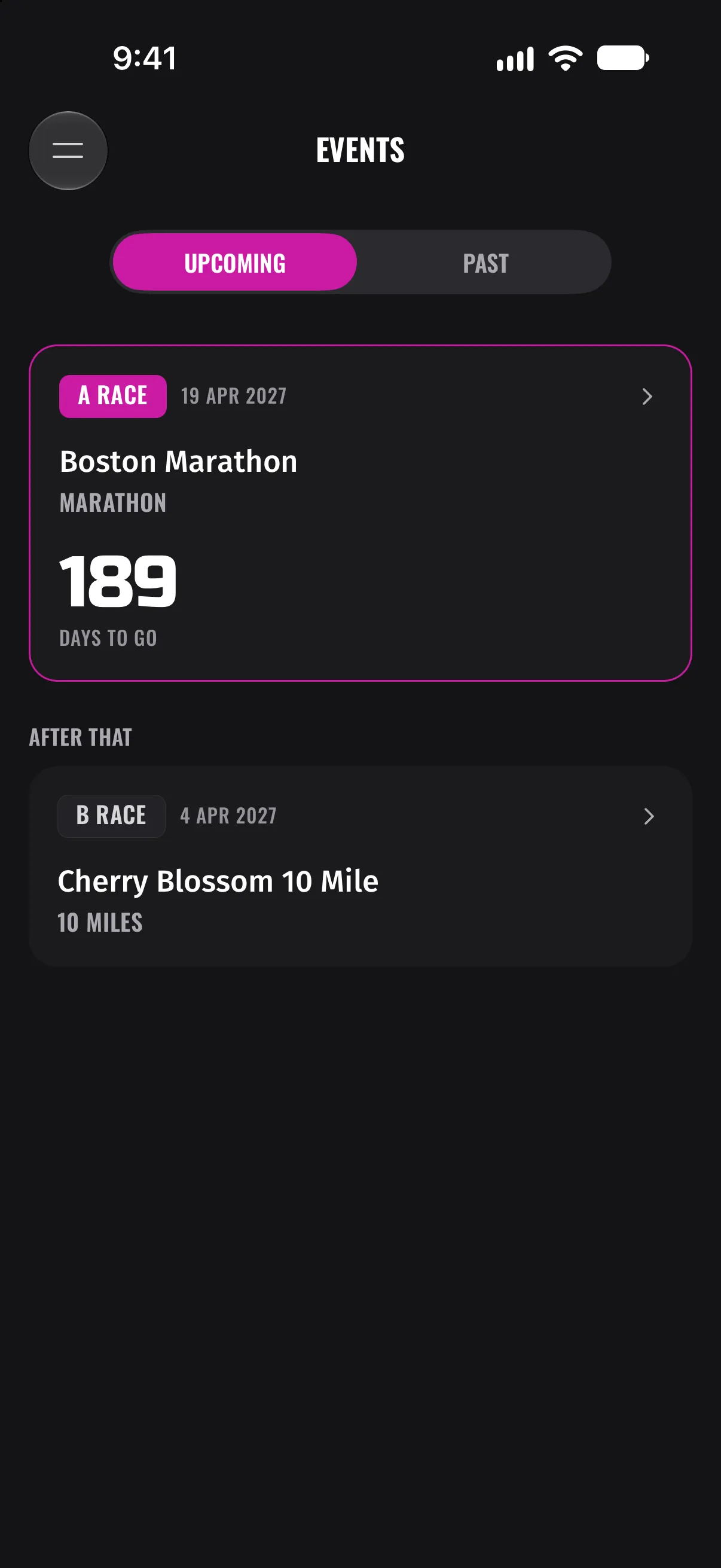 Events list with the Boston Marathon as the A race, 189 days to go and a B race after it