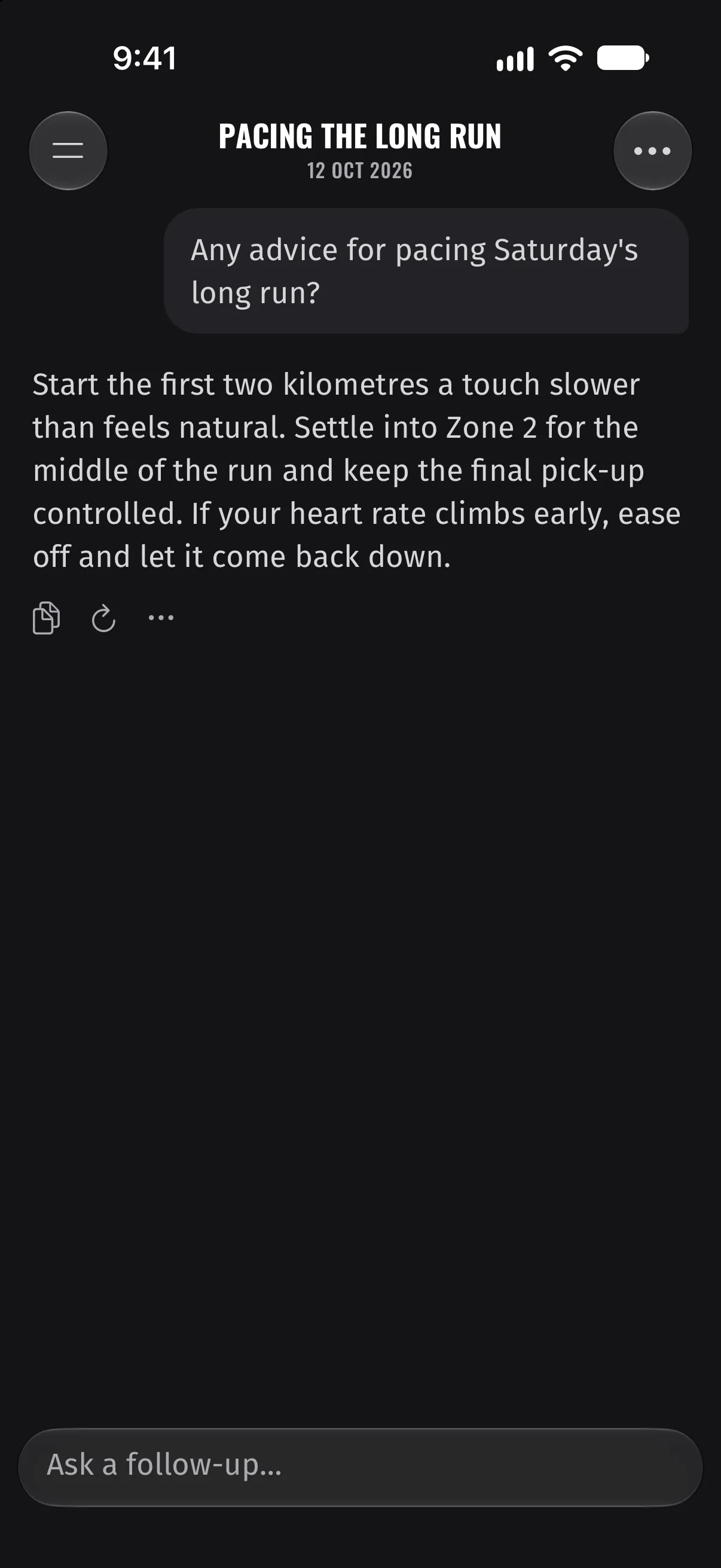 Conversation with Coach about pacing Saturday's long run: start slower, settle into zone 2, keep the final pick-up controlled